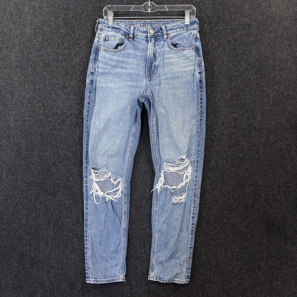 American Eagle Mom Jeans Women's 6 Blue High Rise Distressed Ripped Knees